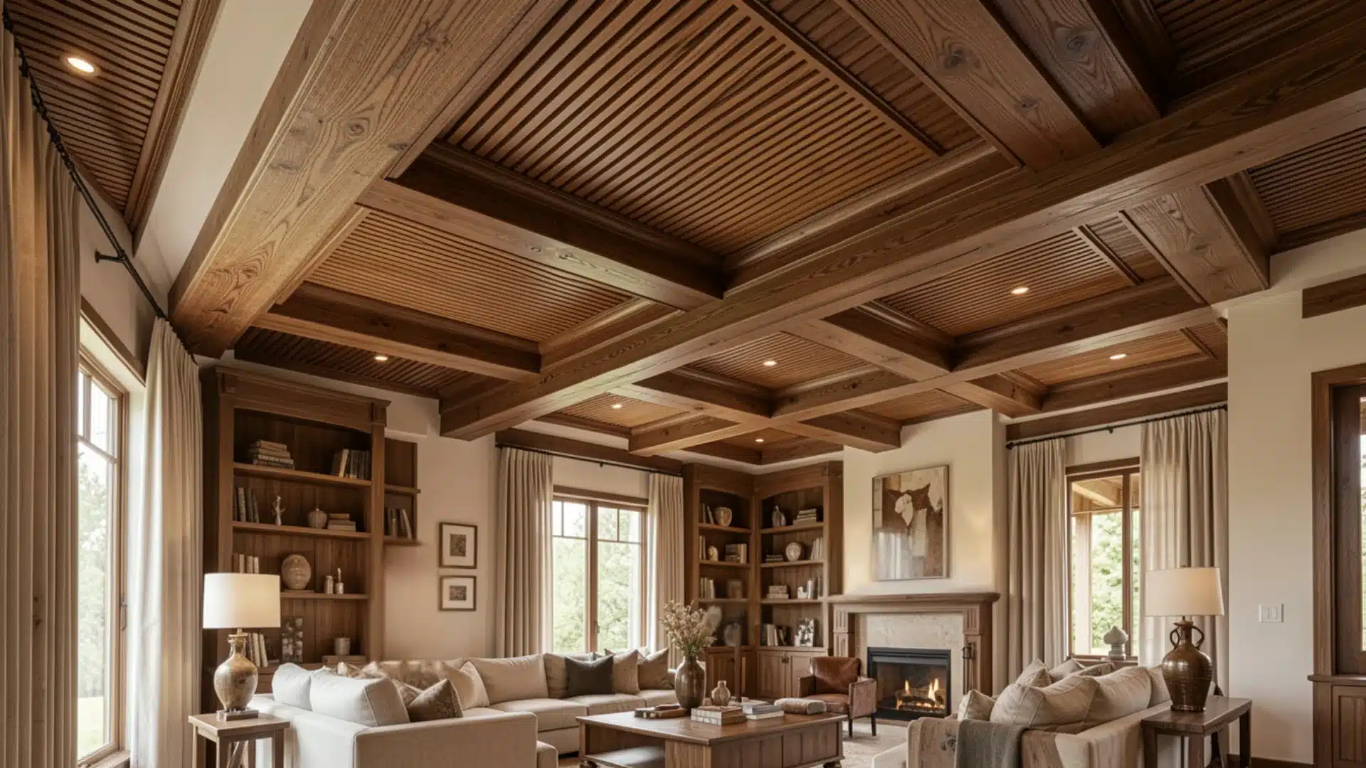 A well-furnished living room with a wooden ceiling, highlighting the natural materials and comfortable design.