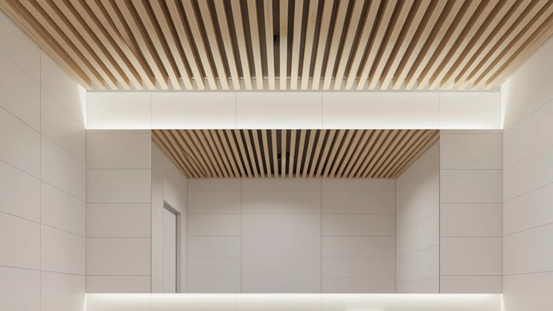 Contemporary bathroom design with white walls and a warm wooden ceiling, emphasizing a sleek and inviting atmosphere.