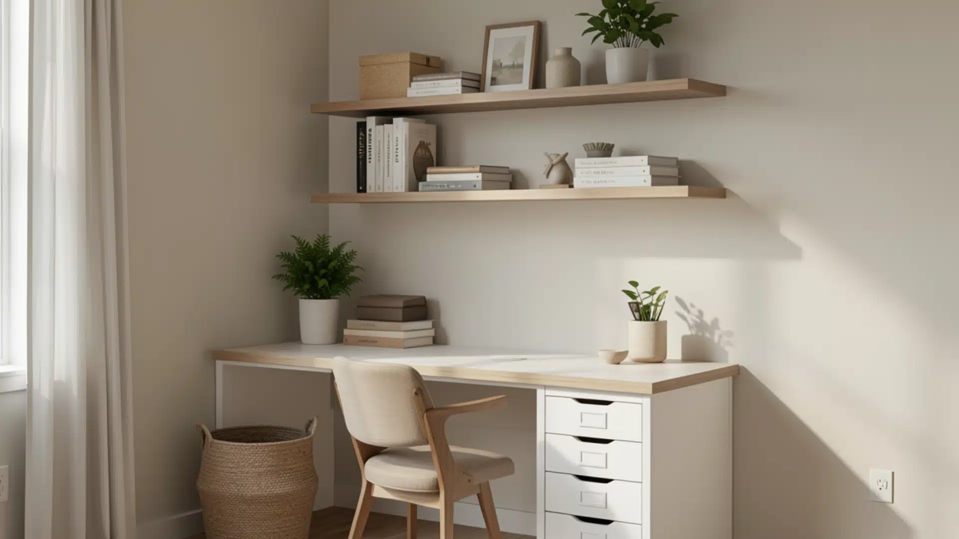 A small workspace consisting of a desk, a chair, and a shelf adorned with books and decorative items.