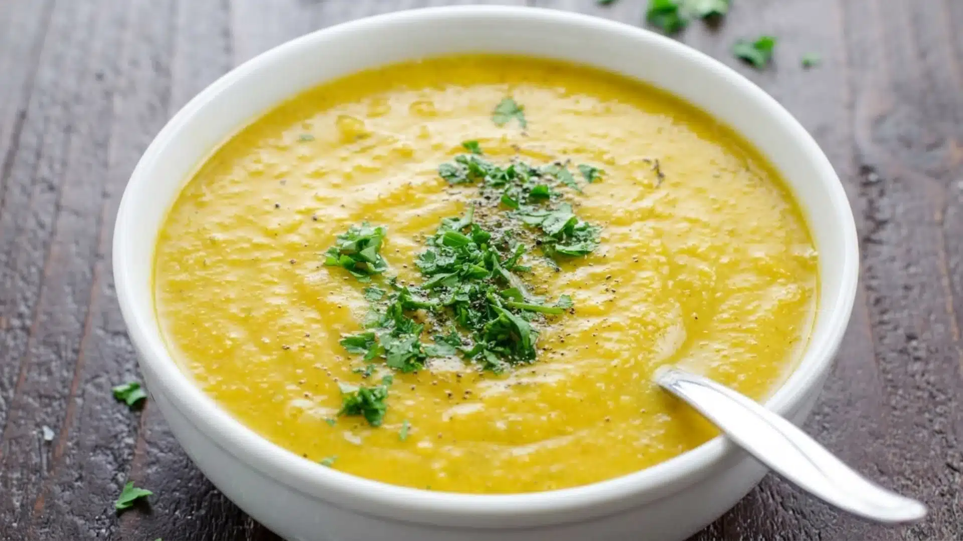 A close-up shot of a bowl of yellow soup garnished with fresh parsley and cracked black pepper.