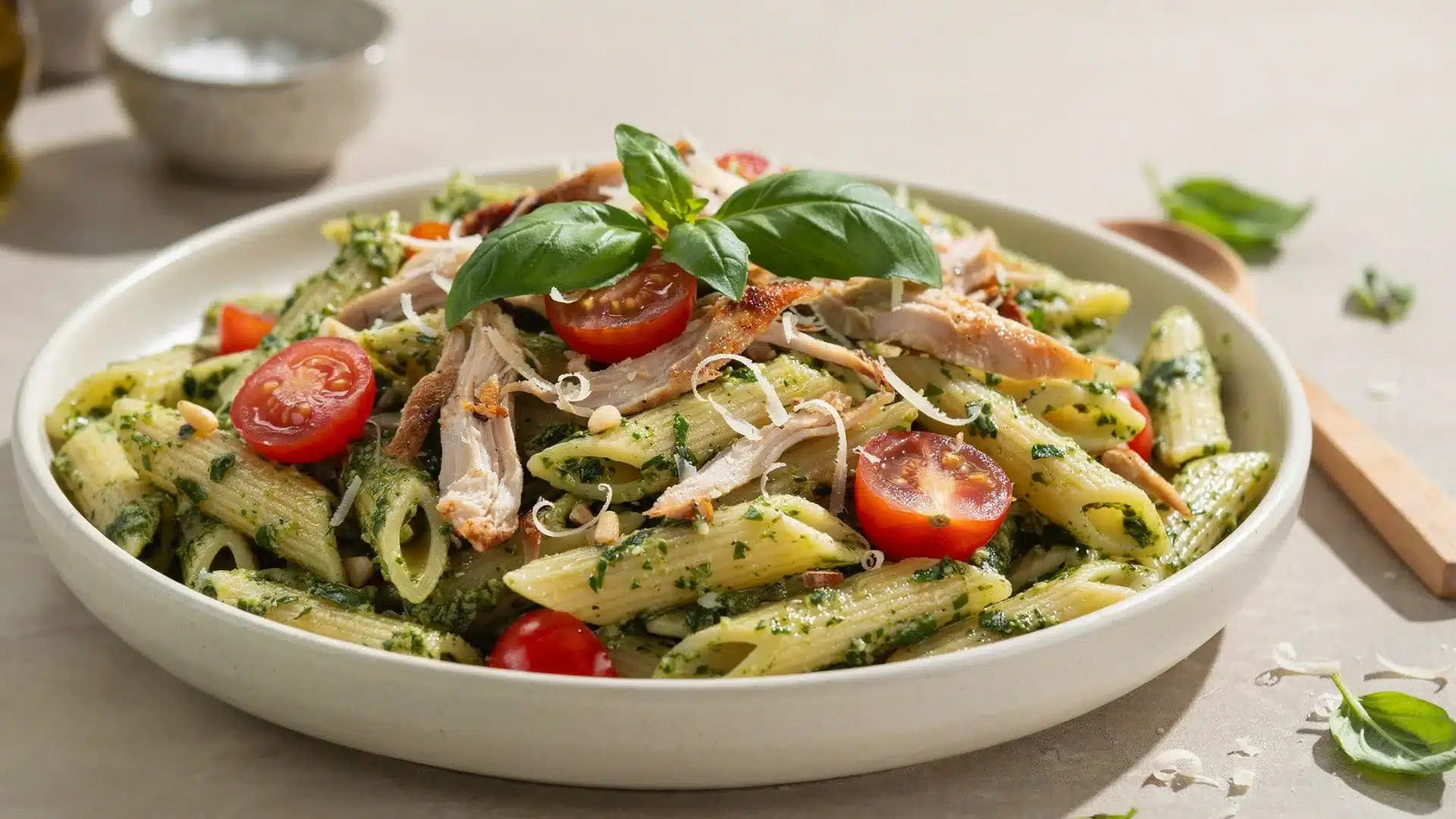 A bowl of pesto chicken pasta garnished with fresh tomatoes and basil leaves.