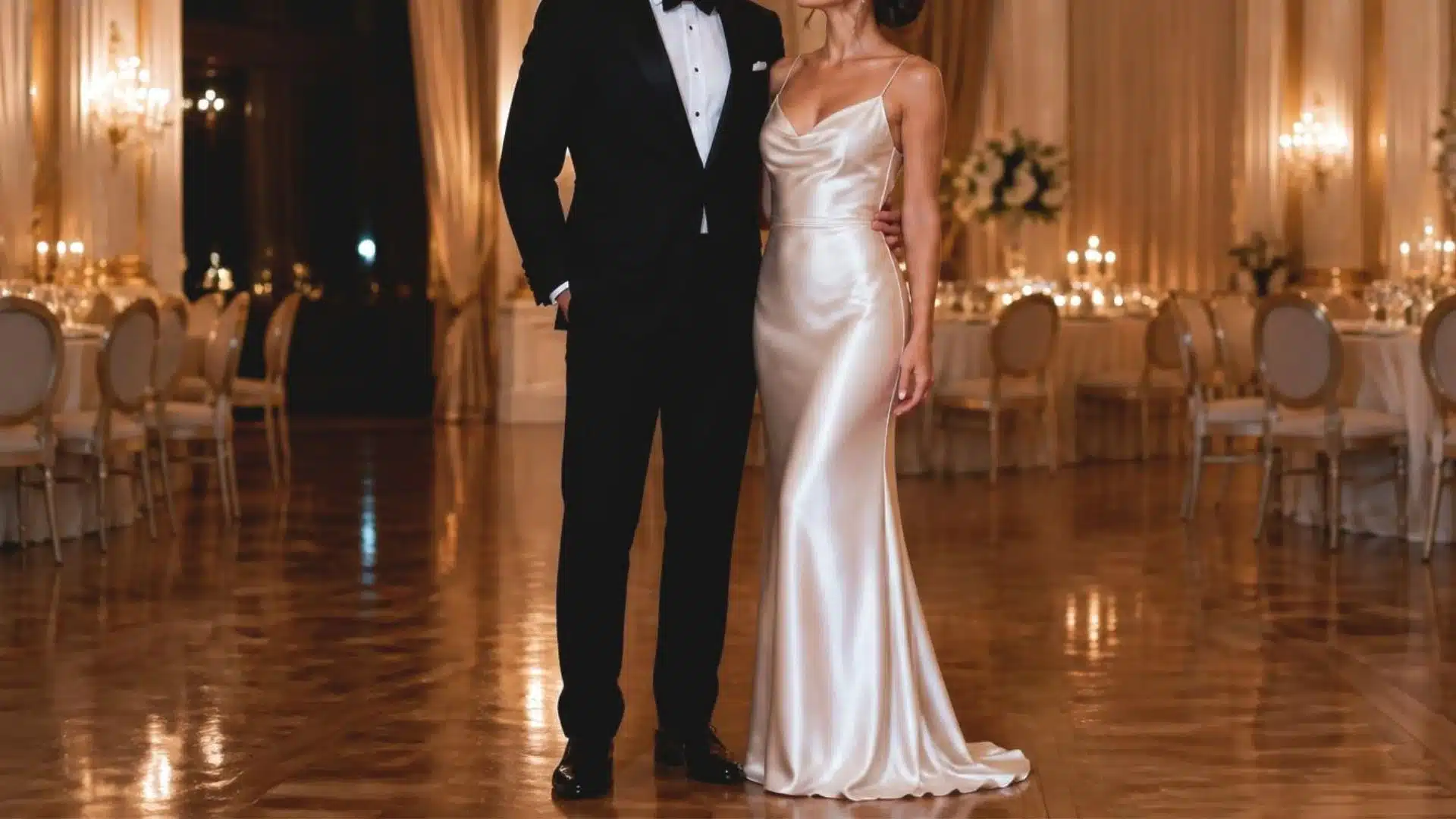 A bride in a sleek silk gown and a groom in a black tuxedo pose together inside an elegant ballroom set for a reception.
