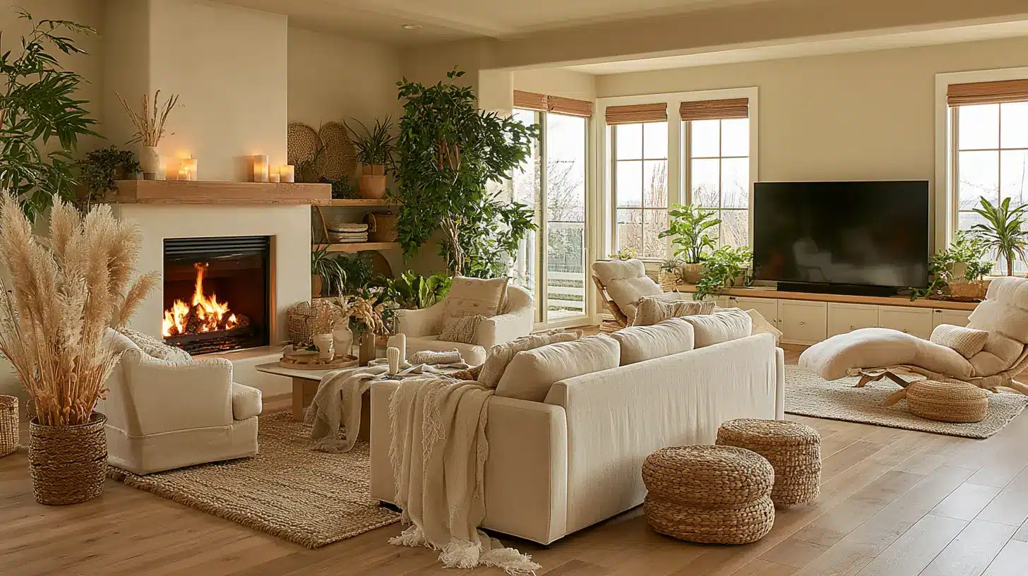 A bright, neutrally-toned living room features a fireplace with a lit fire, a large beige sofa, several armchairs, and numerous indoor plants.