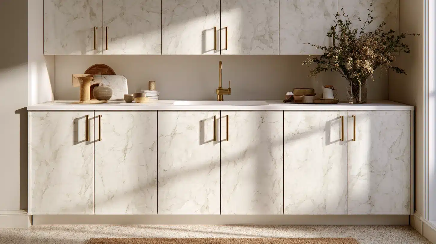 A bright white kitchen featuring gold hardware and elegant marble countertops, showcasing a stylish cabinet door makeover.