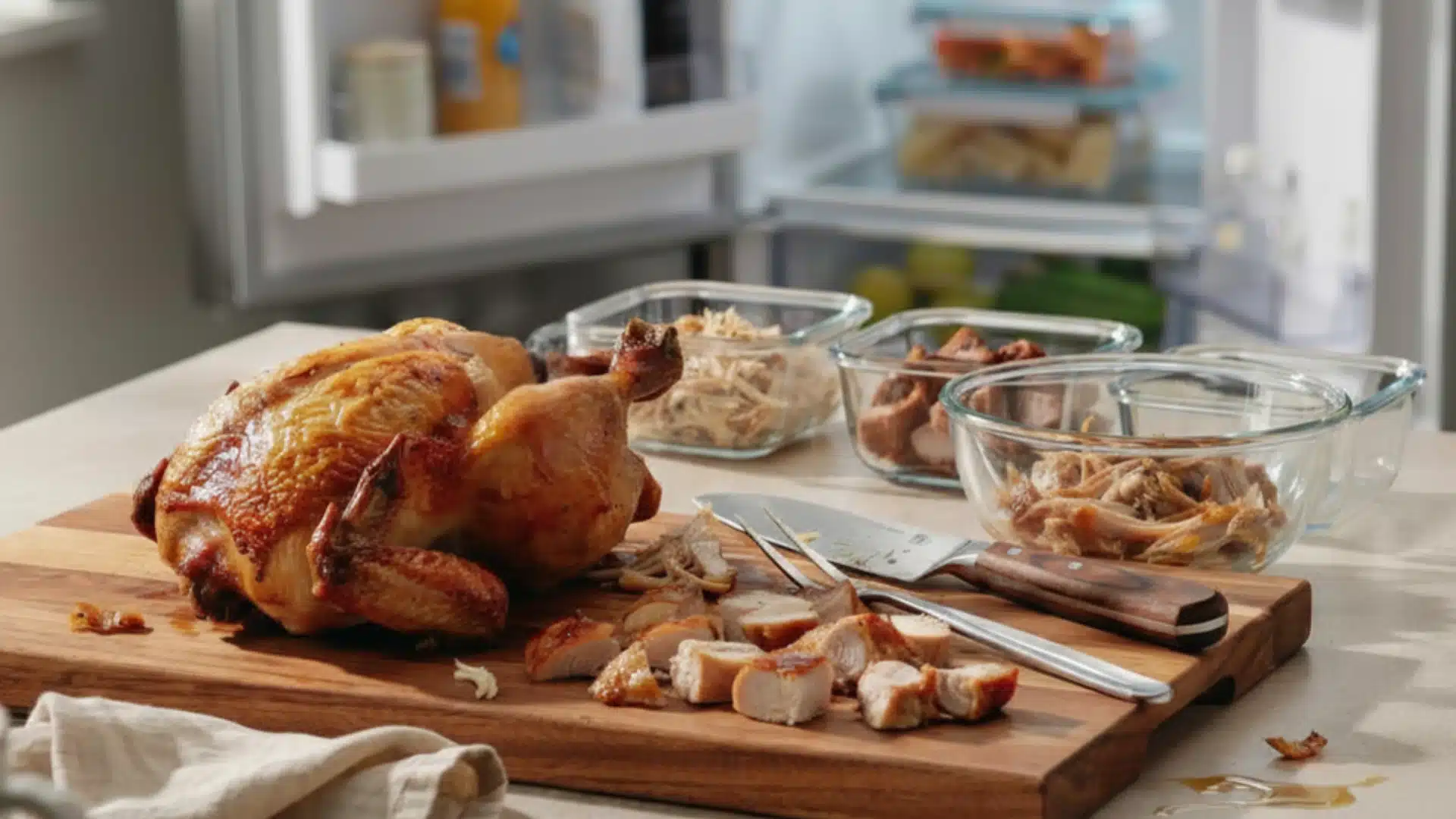 A chicken sits on a cutting board, with a knife and knife block positioned nearby, ready for preparation.