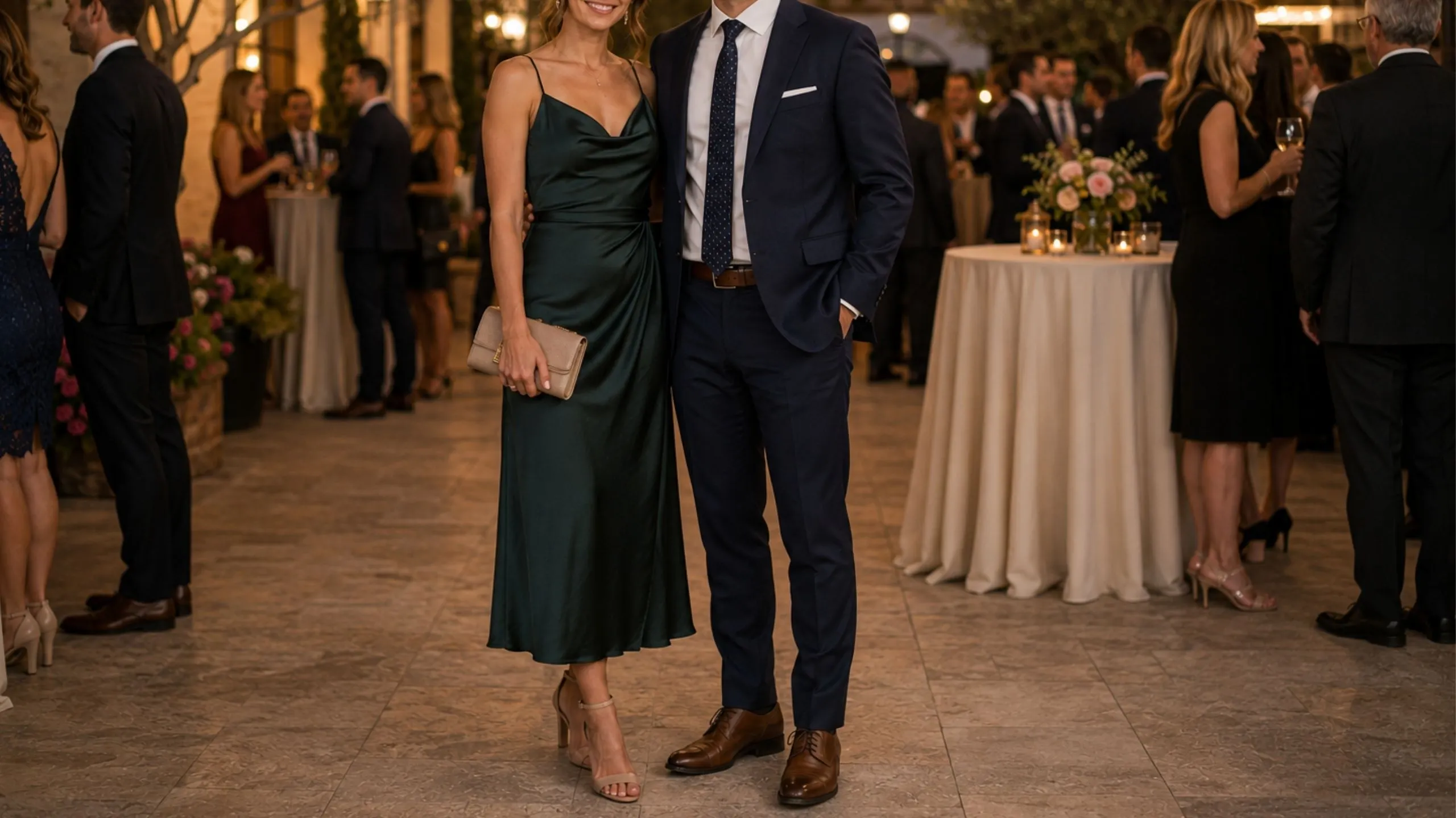 A couple smiles and poses together at their wedding reception, surrounded by elegant decorations and joyful guests.