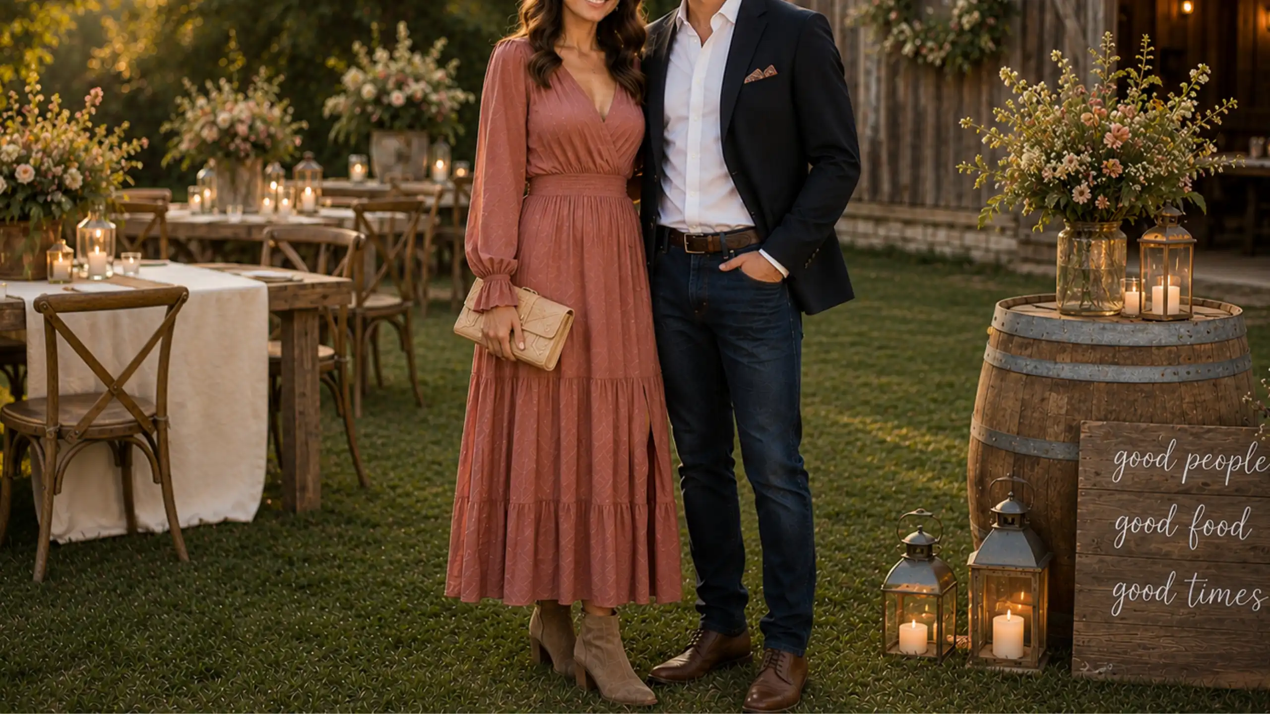A couple smiles for a photo in front of a rustic barn, showcasing their joyful moment together.