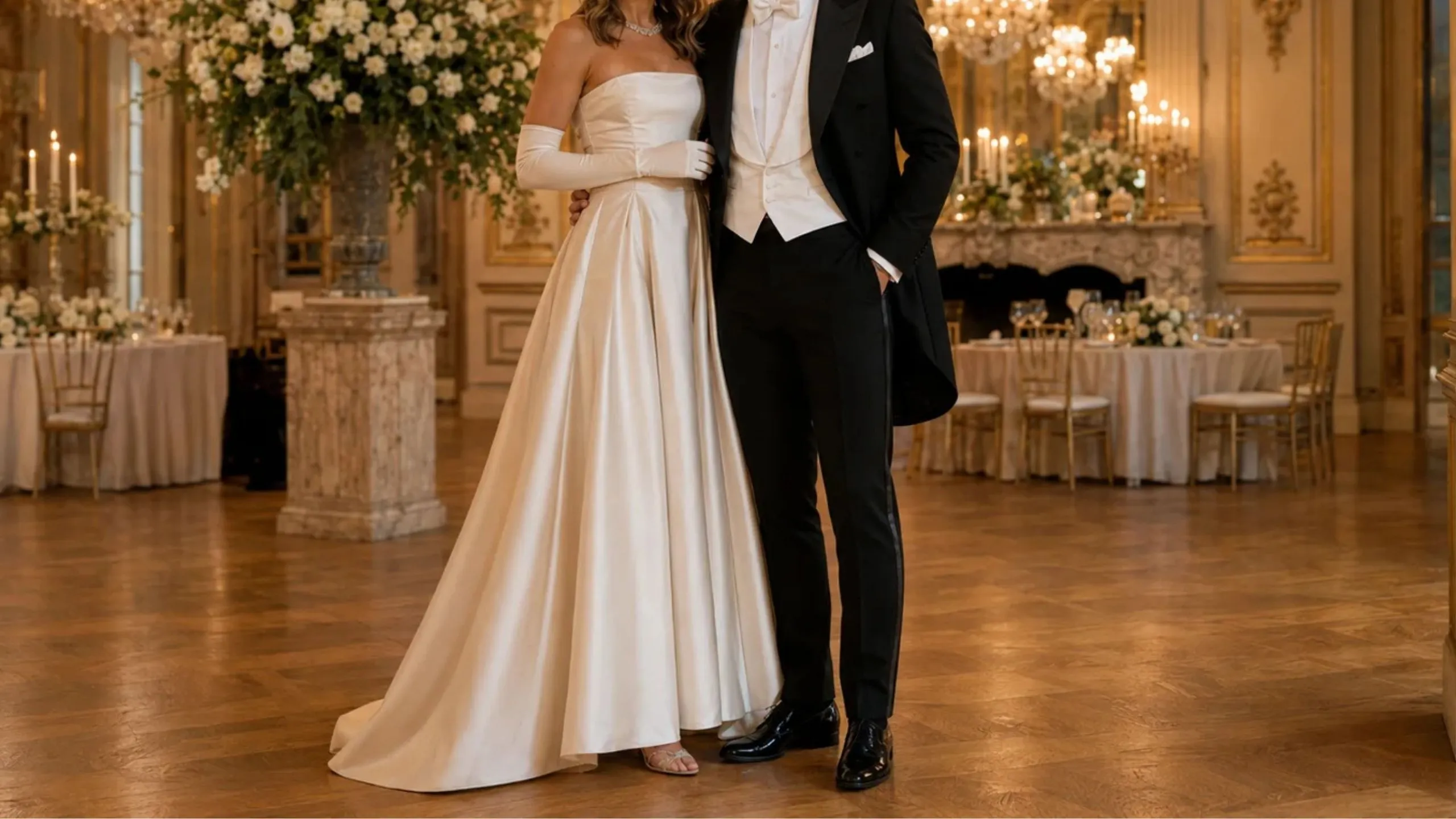A couple standing together in a beautifully decorated ballroom, surrounded by elegant lighting and floral arrangements.