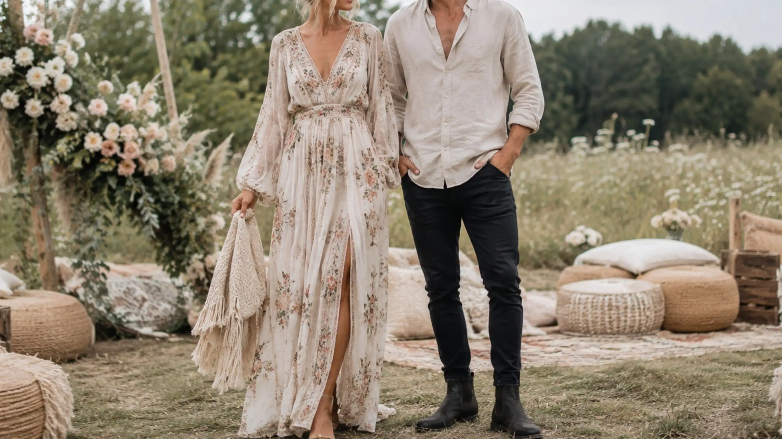 A couple stands in an outdoor meadow setting with floral decor, the woman wearing a long-sleeved floral dress with a thigh-high slit and holding a knitted shawl, and the man wearing a light-colored linen shirt and dark trousers.