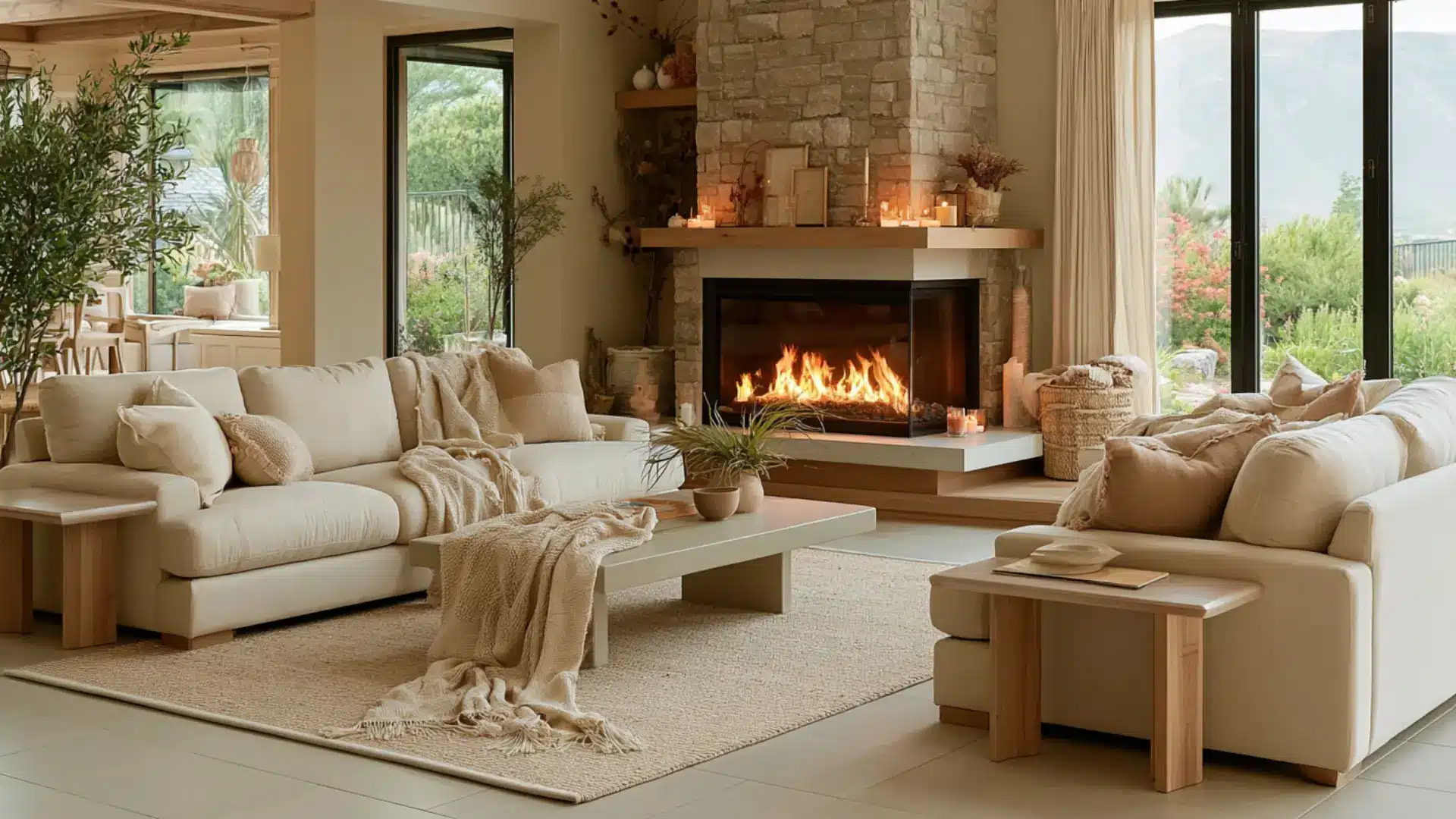 A cozy living room with a cream-colored sectional sofa, a stone fireplace with a glowing fire, and large windows looking out to a lush landscape.