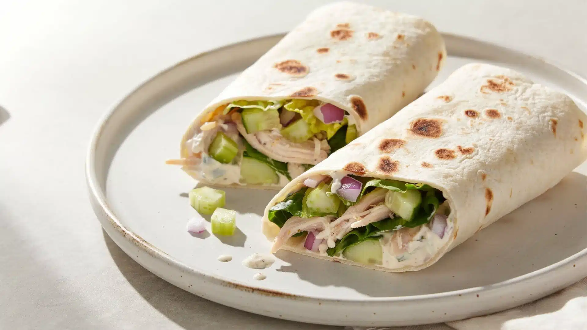 A delicious chicken wrap served on a plate