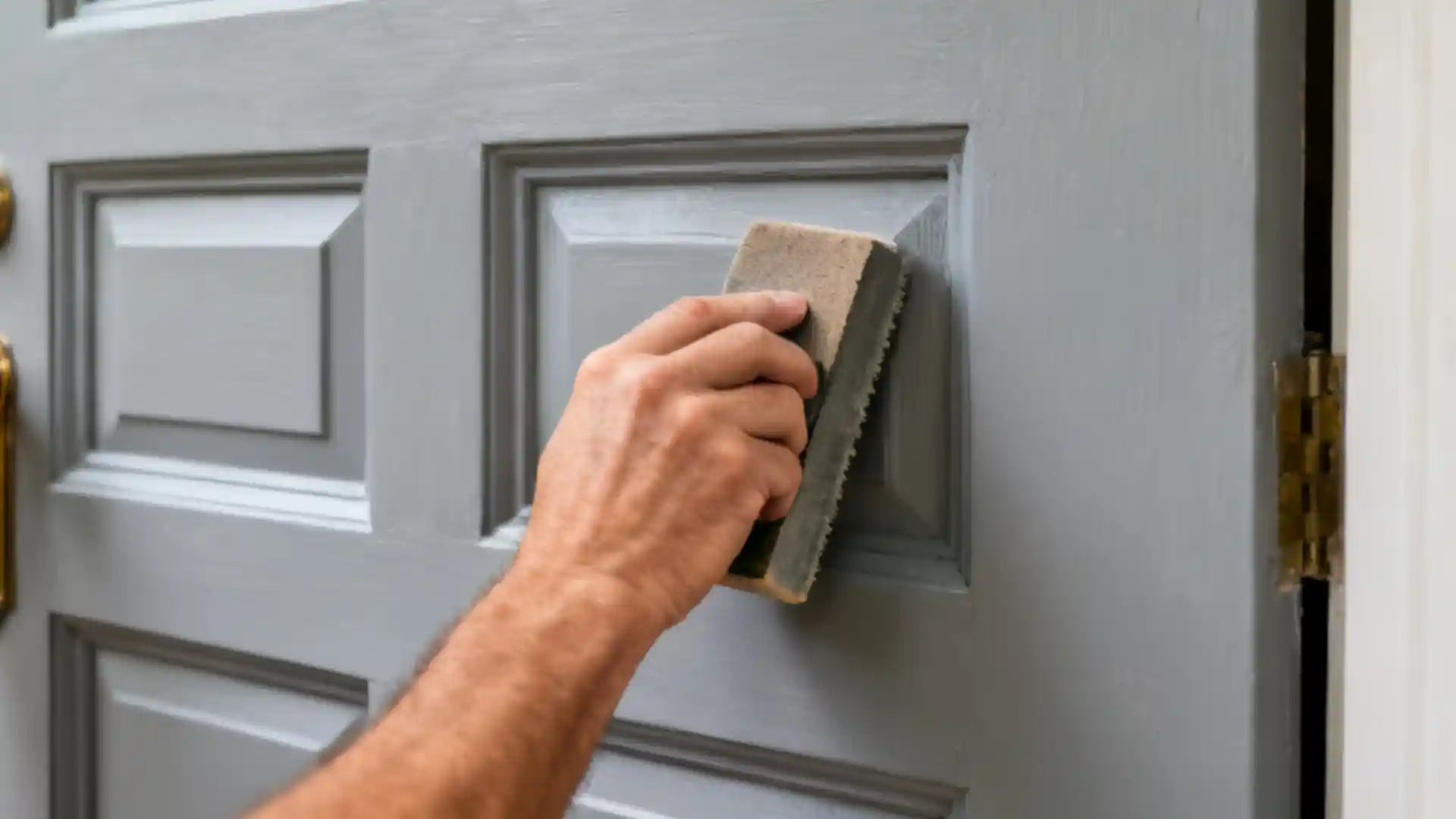 A hand sands a grey paneled door with a sanding block.