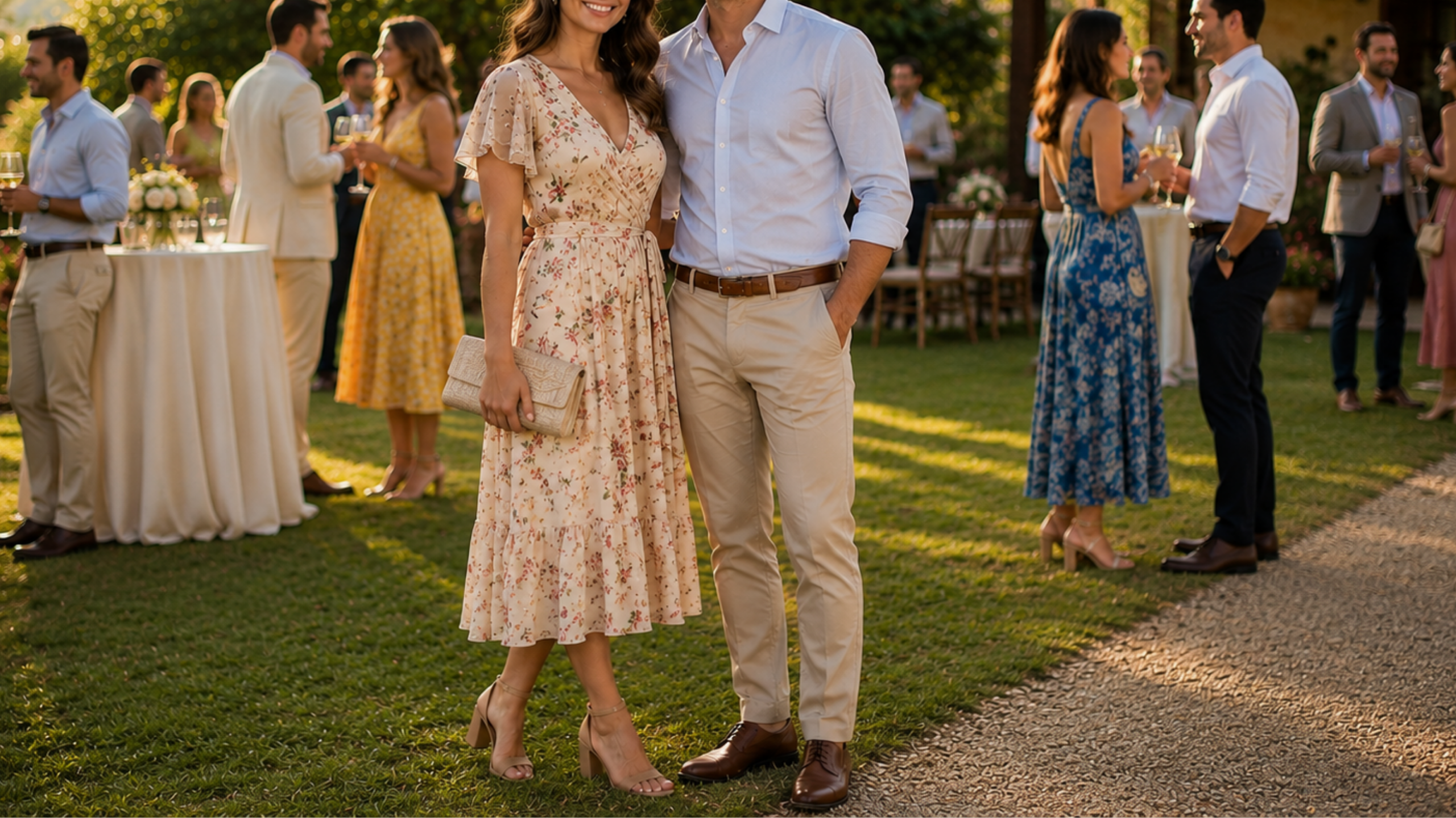 A joyful couple stands together for a photo at reception, with elegant decor and friends celebrating around them.