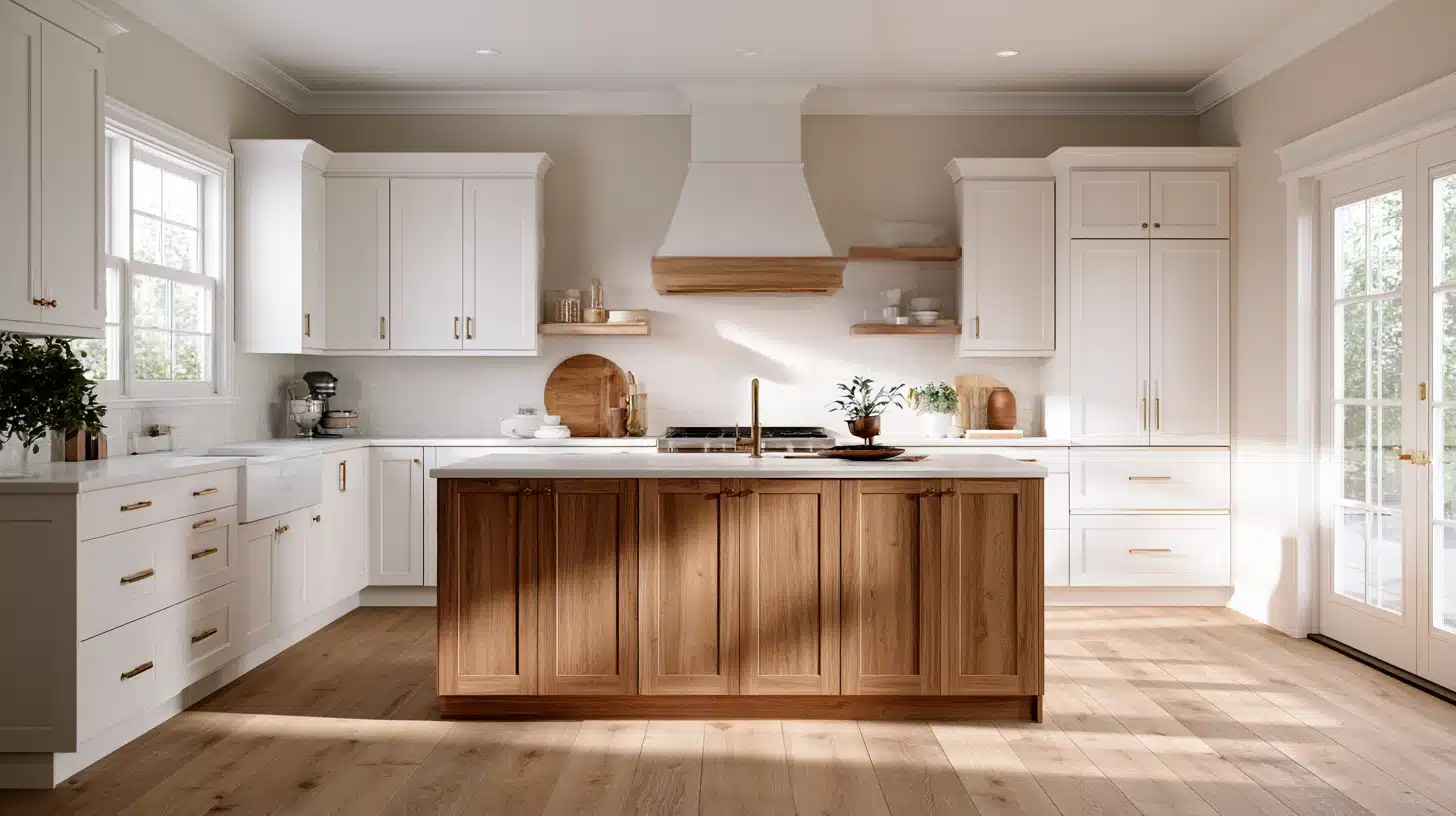 A kitchen featuring a mix of white cabinet door styles and warm wood flooring, creating a custom and inviting atmosphere.
