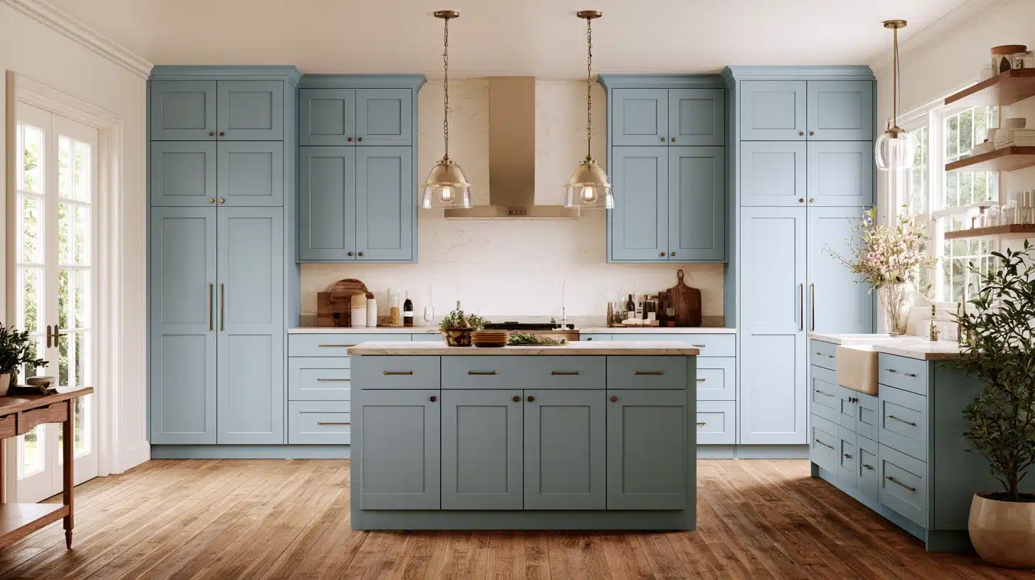 A kitchen featuring classic shaker doors, blue cabinets, and warm wooden floors, creating a cozy and inviting atmosphere.