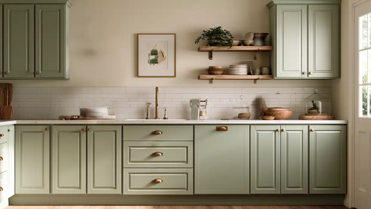 A kitchen featuring green cabinets and wooden floors, showcasing a DIY cabinet door makeover project.