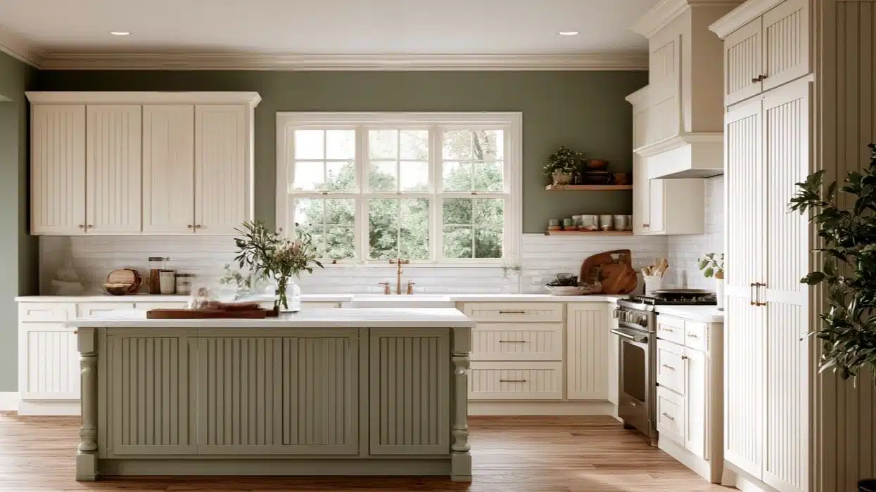 A kitchen featuring green walls and white beadboard cabinet doors, creating a fresh and inviting atmosphere.