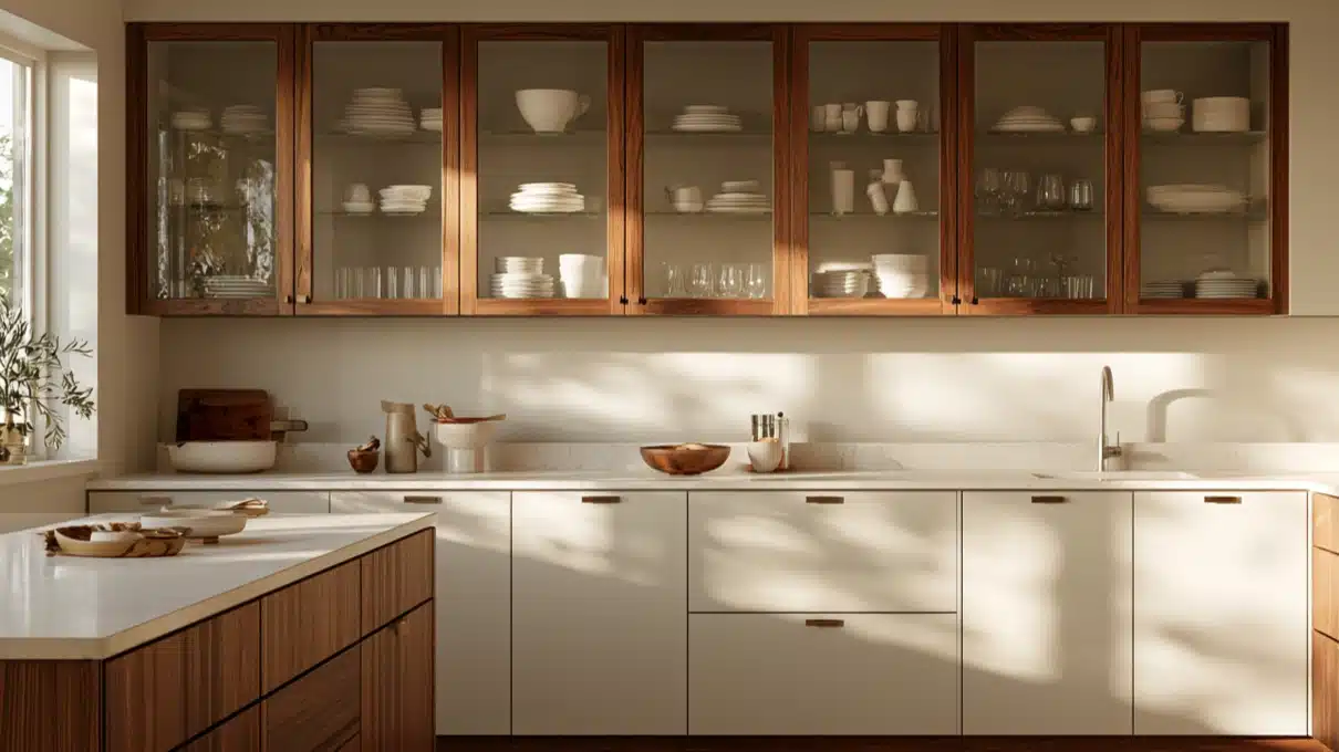 A kitchen featuring white glass-front cabinet doors and wooden countertops, showcasing organized dishware inside.