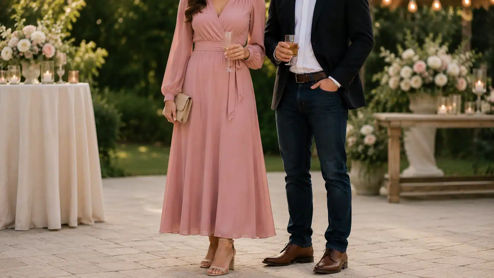A man and woman in a pink dress stand together, smiling in front of a beautifully decorated wedding ceremony backdrop.