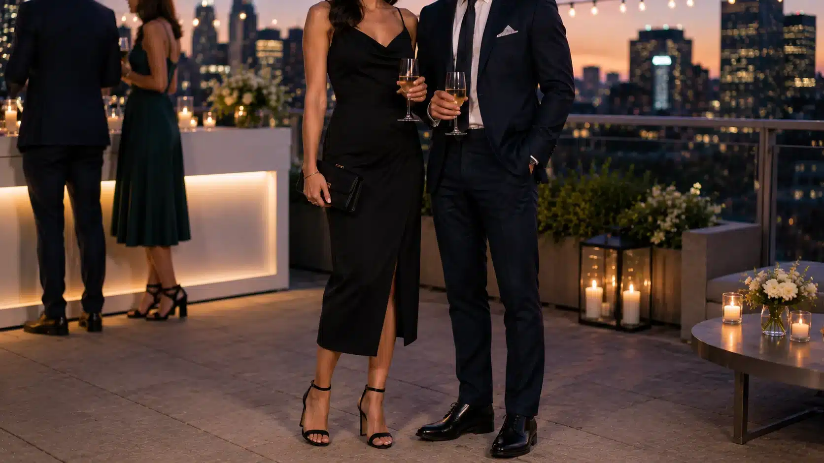 A man and woman in formal attire pose on a rooftop, with a city skyline visible in the background.