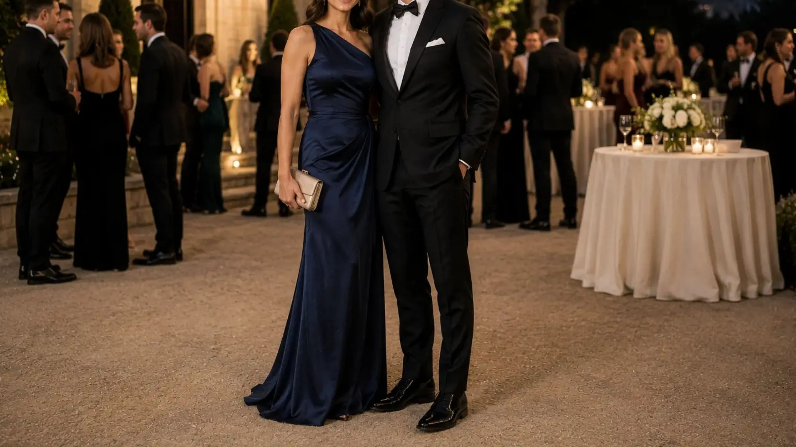 A man and woman in formal attire pose together in front of a large, elegant building.