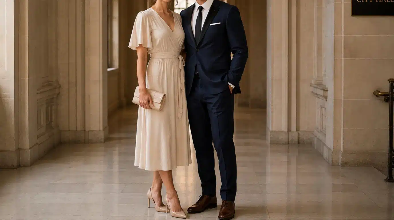 A man and woman in formal attire pose together in an elegant arched hallway for the camera.