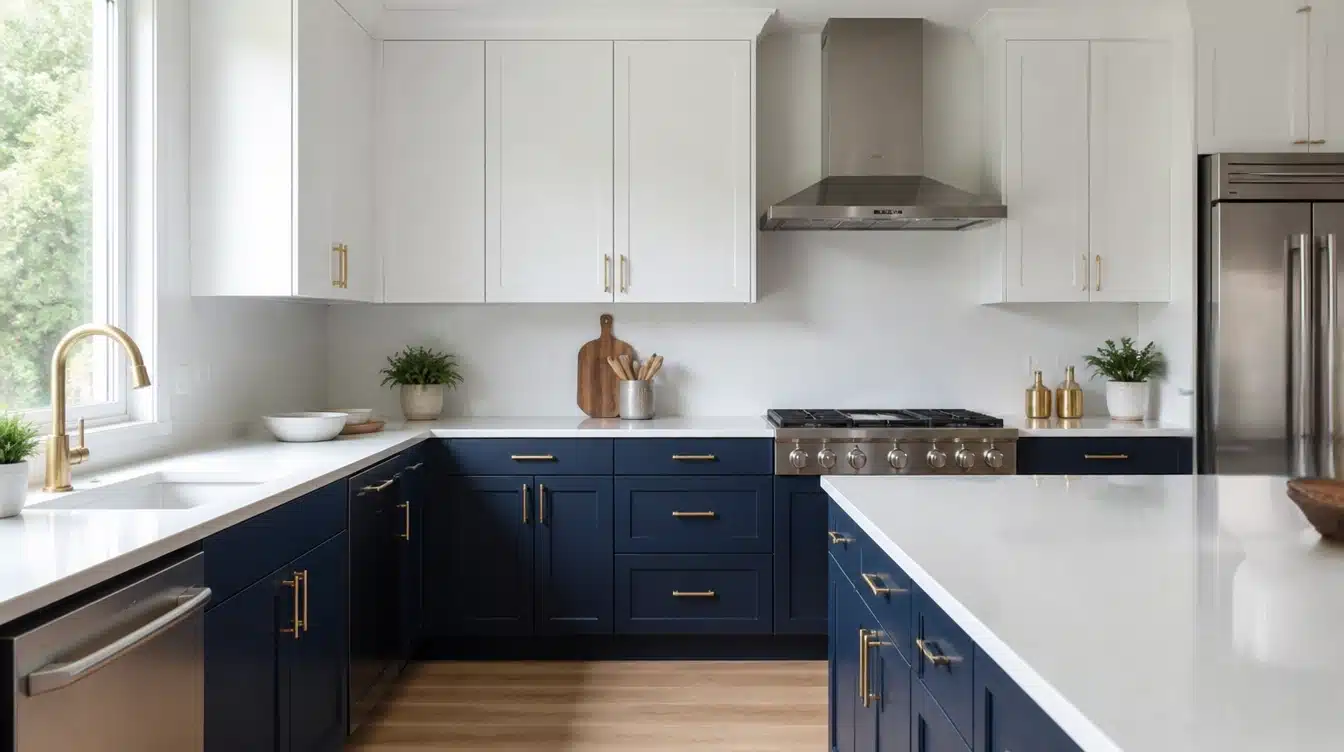 A modern kitchen featuring two-tone cabinet doors in blue and white, complemented by white countertops.