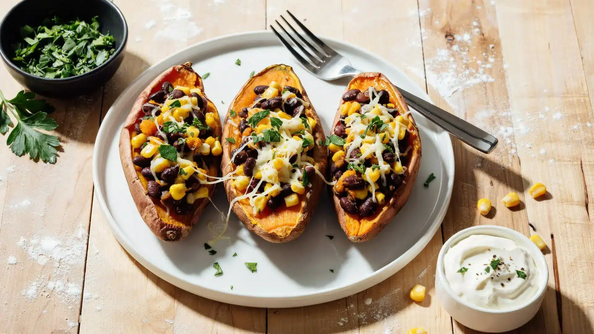 A plate featuring three sweet potatoes garnished with black beans and cheese, showcasing a colorful dish.