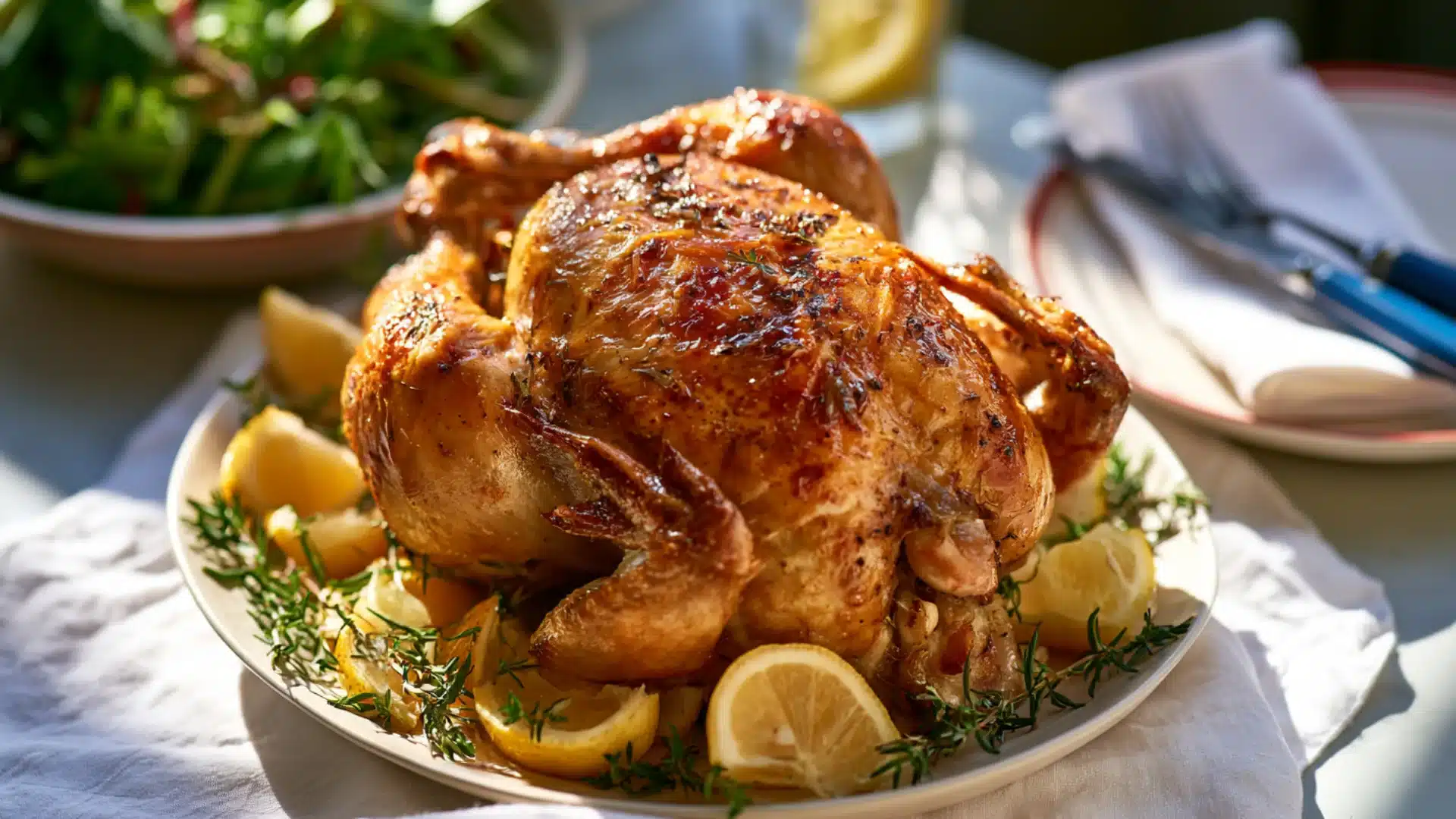 A roasted chicken on a white plate, garnished with fresh lemon slices for added flavor.