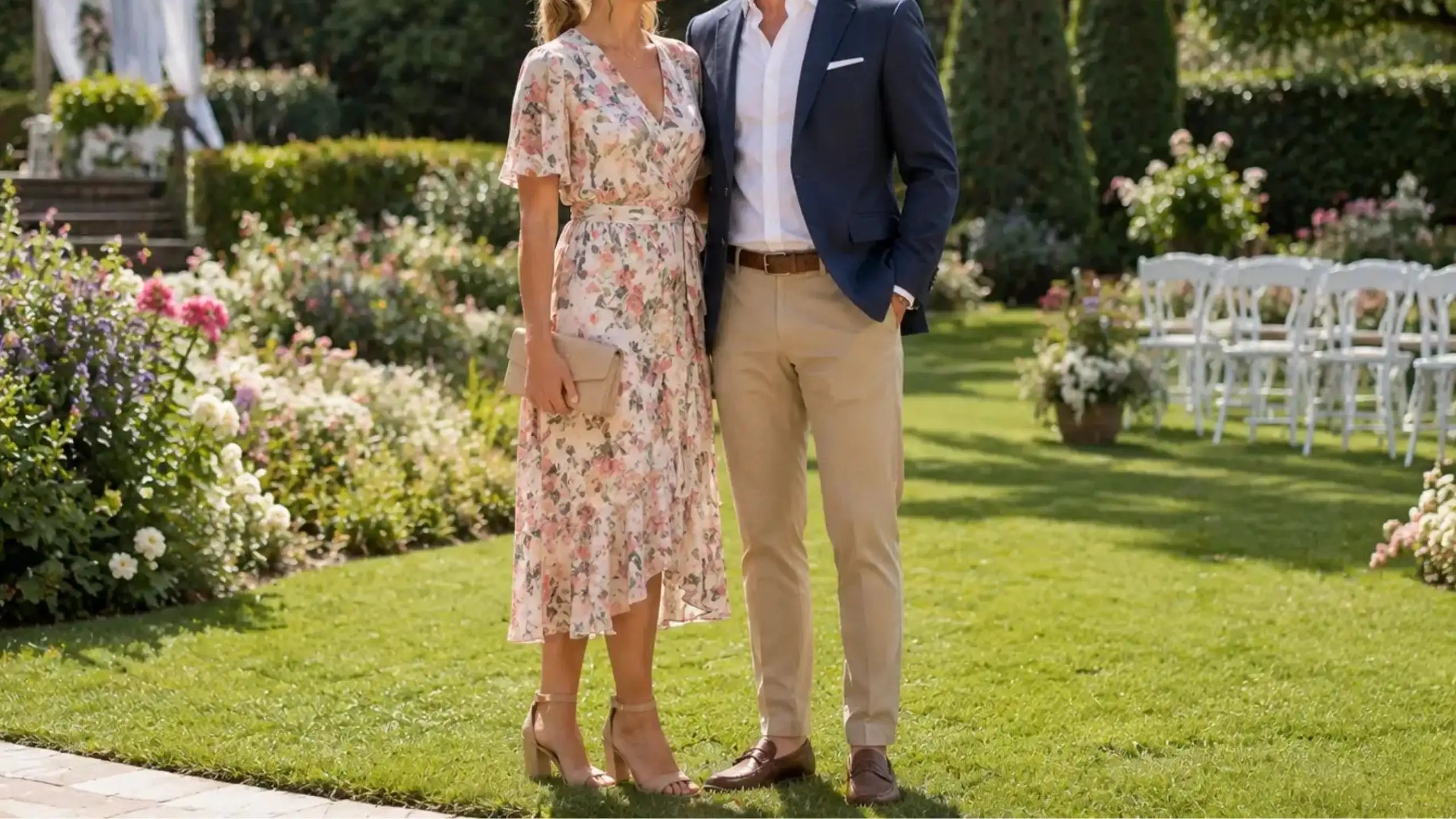 A stylishly dressed couple stands side-by-side outdoors on a sunny day, with the woman wearing a floral midi dress and holding a beige clutch, and the man wearing a navy blazer, white shirt, and khaki trousers.