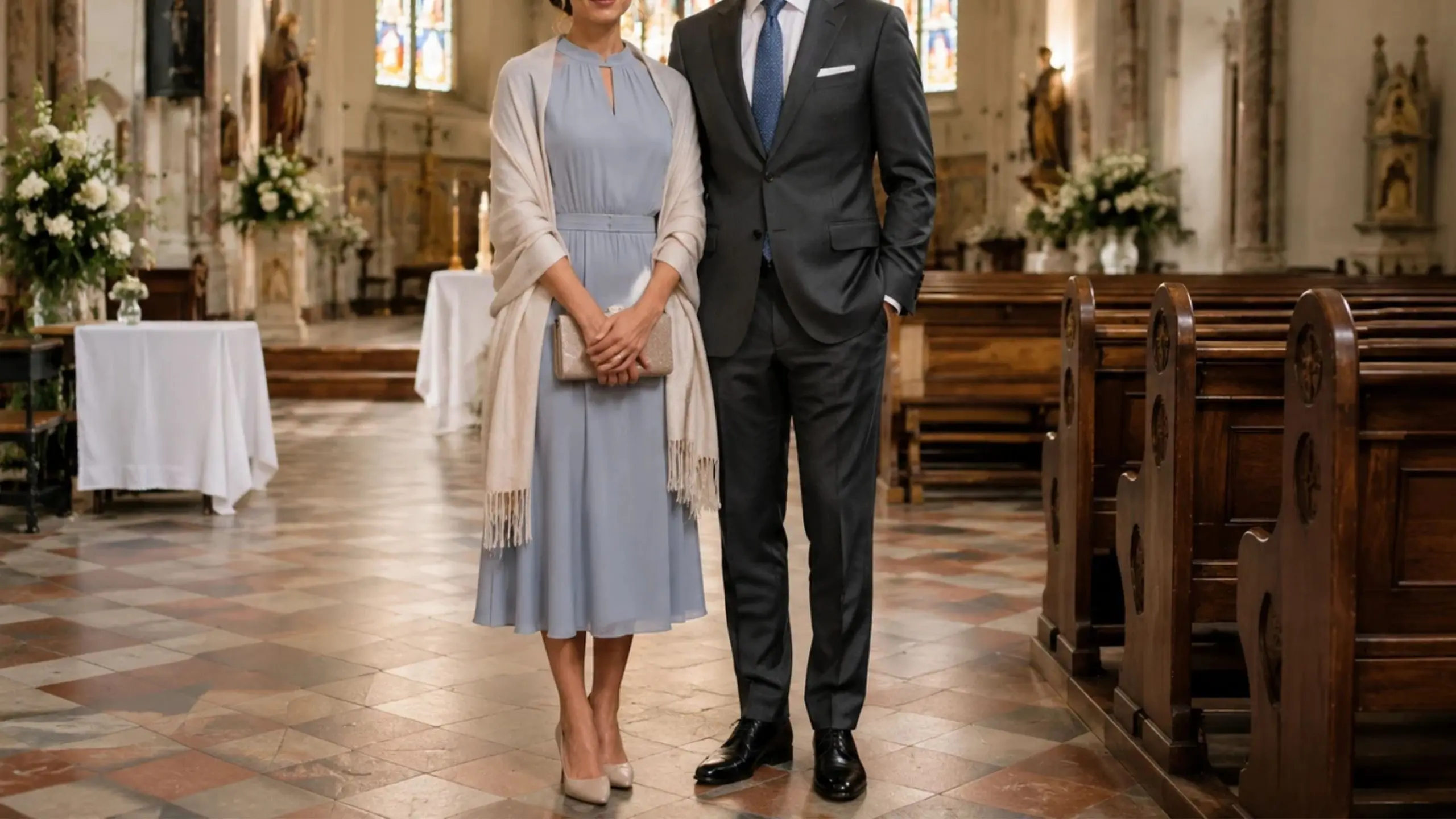A well-dressed couple stands inside a traditional church with wooden pews and stone flooring, the woman wearing a light blue midi dress with a cream shawl and the man in a charcoal grey suit.