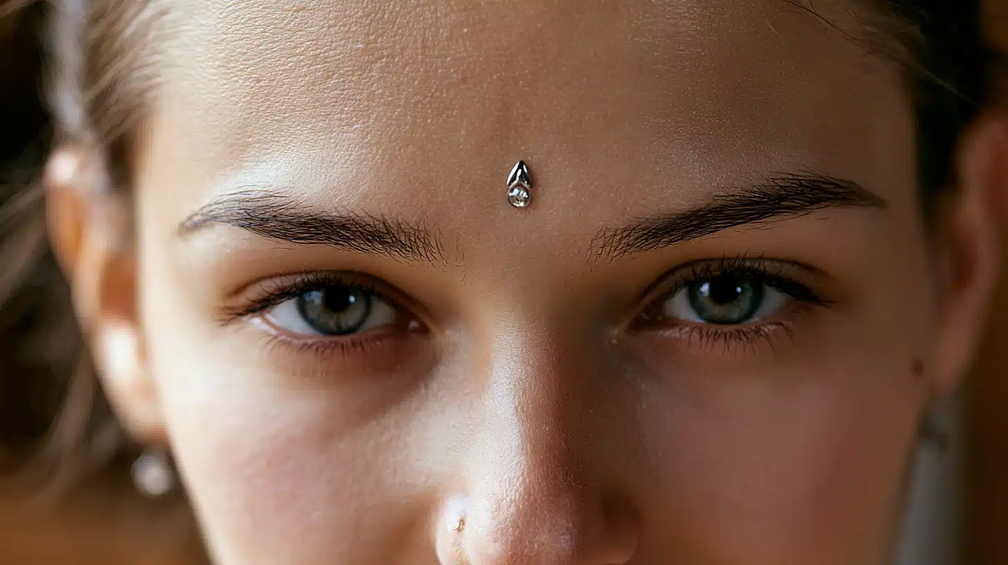 A woman with a diamond stud piercing on her forehead, showcasing a unique and bold fashion statement.