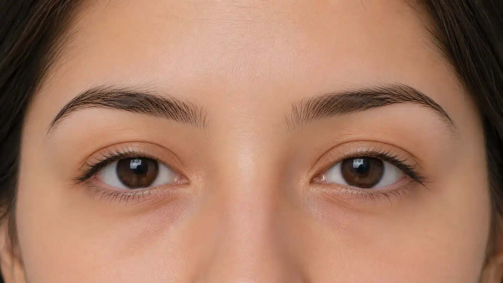 A woman with brown downturned eyes and a small nose, showcasing her unique facial features.