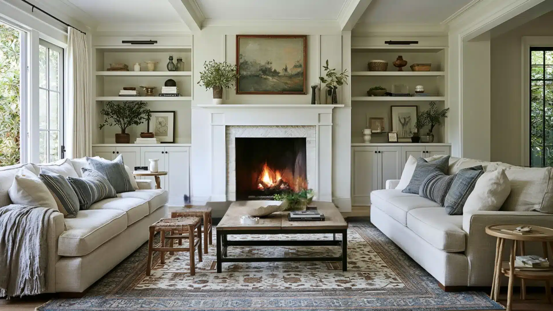 Bright living room with two white sofas, a lit fireplace, built-in shelves, plants, framed artwork, and a coffee table on a patterned rug.