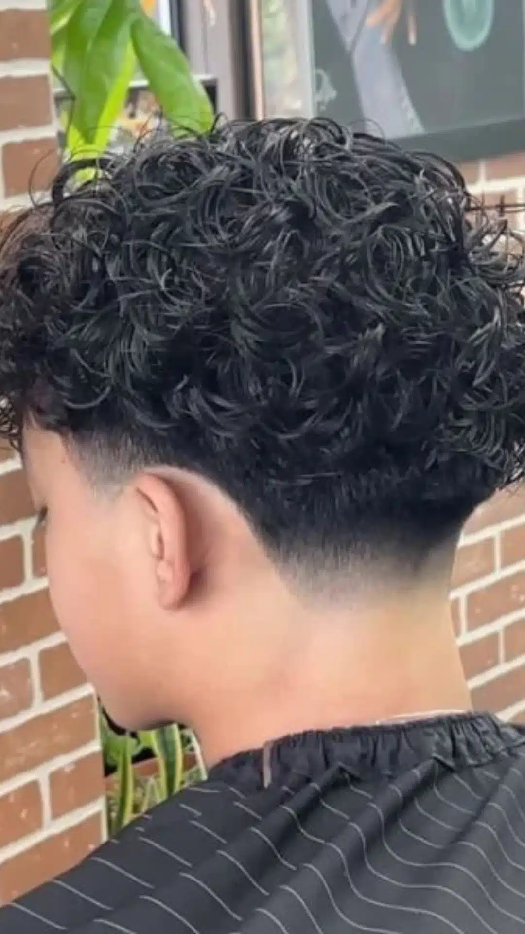 Back and side view of a man with a curly taper haircut featuring defined curls on top