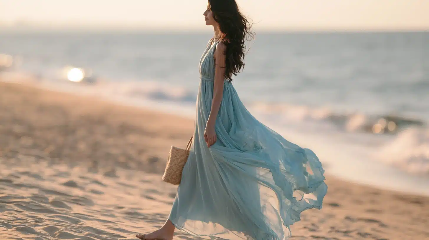 woman in a flowing blue maxi dress walking on a sandy beach wearing a straw bag and elegant beach wedding guest outfit