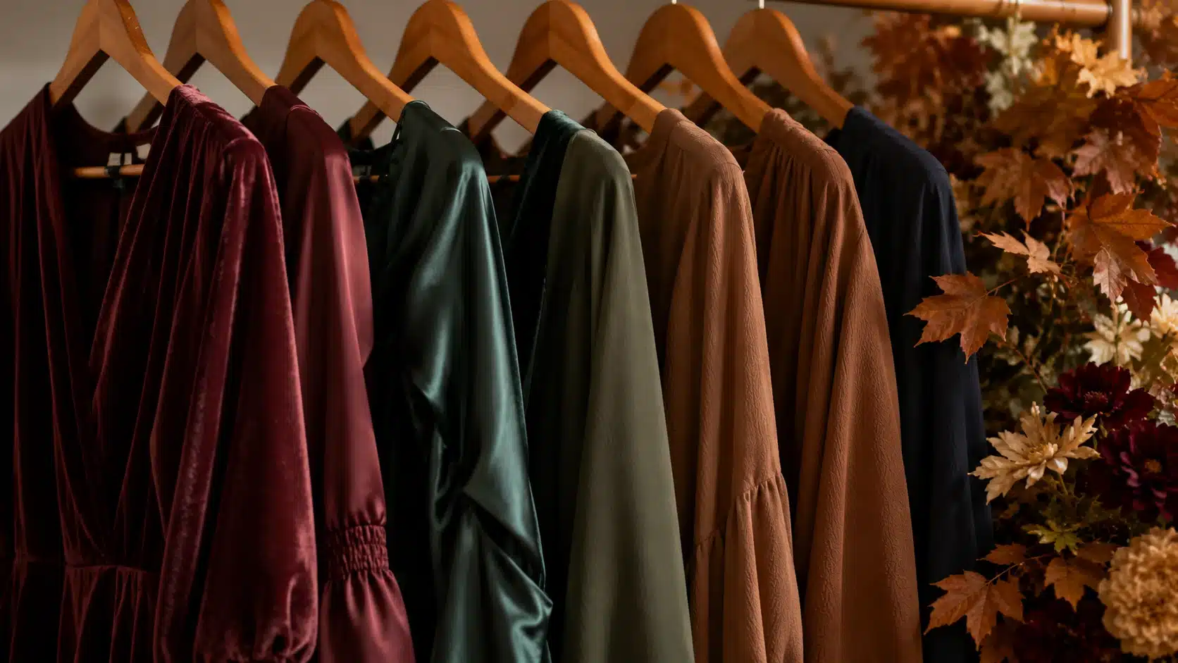 A row of colorful dresses in jewel tones hangs on wooden hangers against a neutral background.