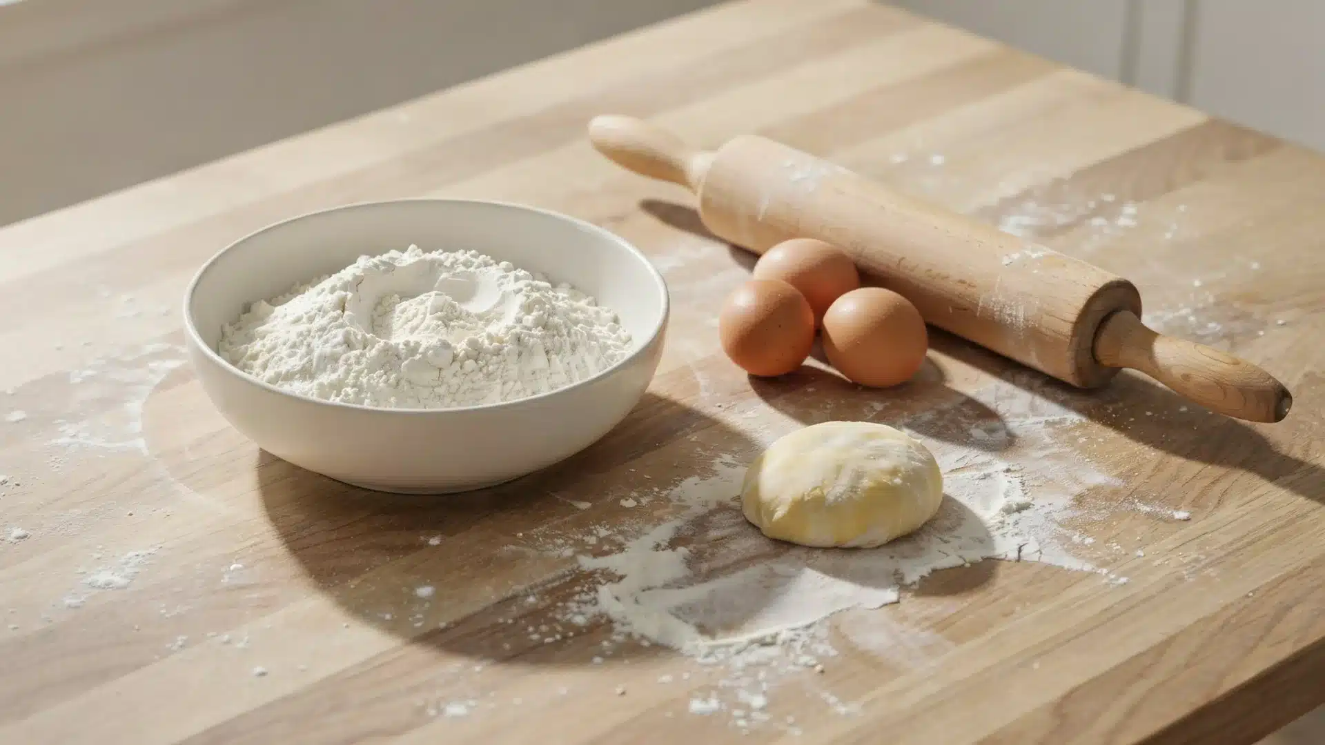 A white bowl of flour, three brown eggs, a wooden rolling pin, and a ball of dough rest on a wooden kitchen counter dusted with flour.