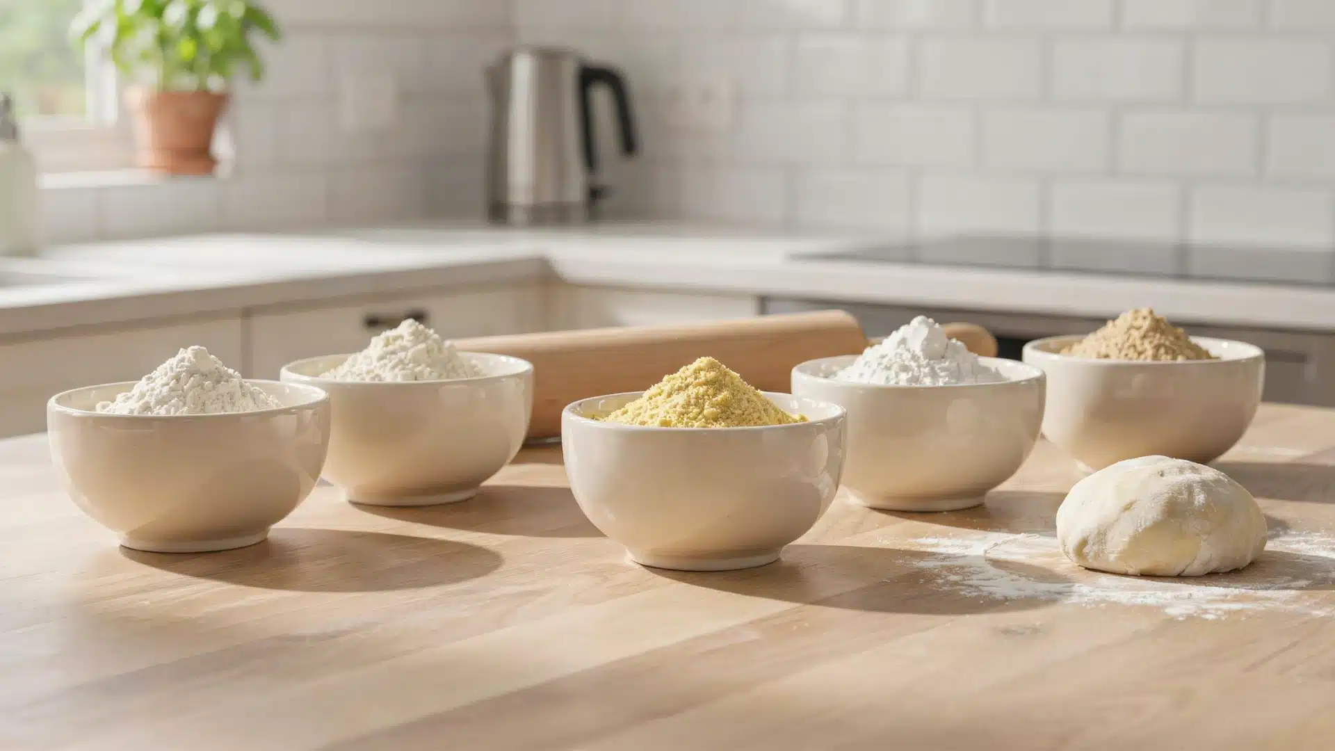 Five ceramic bowls containing different types of flour and a ball of dough are arranged on a wooden kitchen counter in front of a white tiled wall.