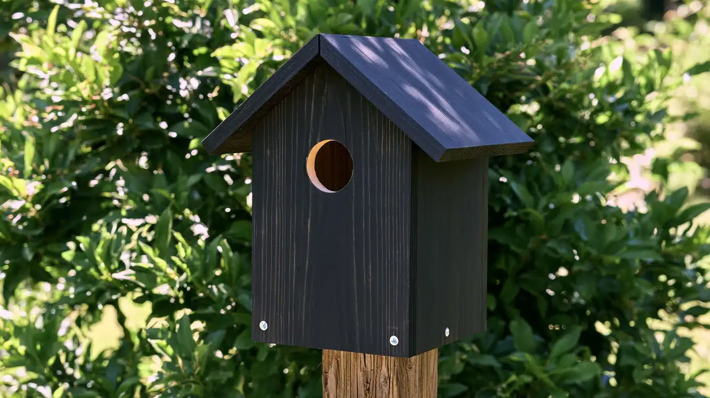 Black painted cedar birdhouse with a pitched roof and round entrance hole mounted on a wooden post against green garden foliage.