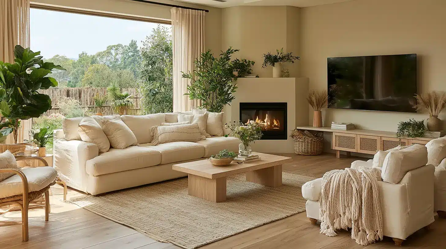 Bright and airy living room with neutral cream walls, a large beige sofa, matching armchairs, a wooden coffee table, a fireplace, and a large window looking out onto lush greenery.