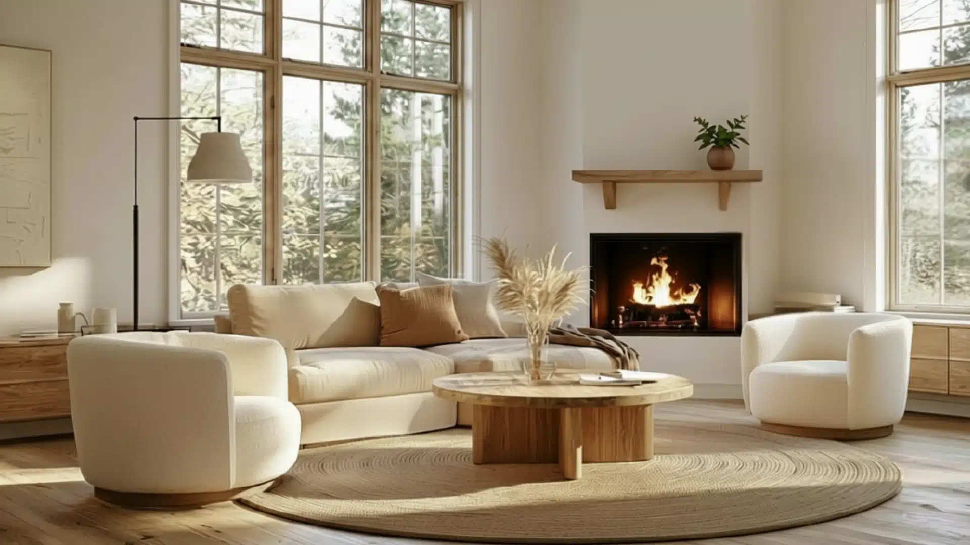 Bright living room with a cream sofa, two chairs, wooden coffee table, large windows, and a fireplace.