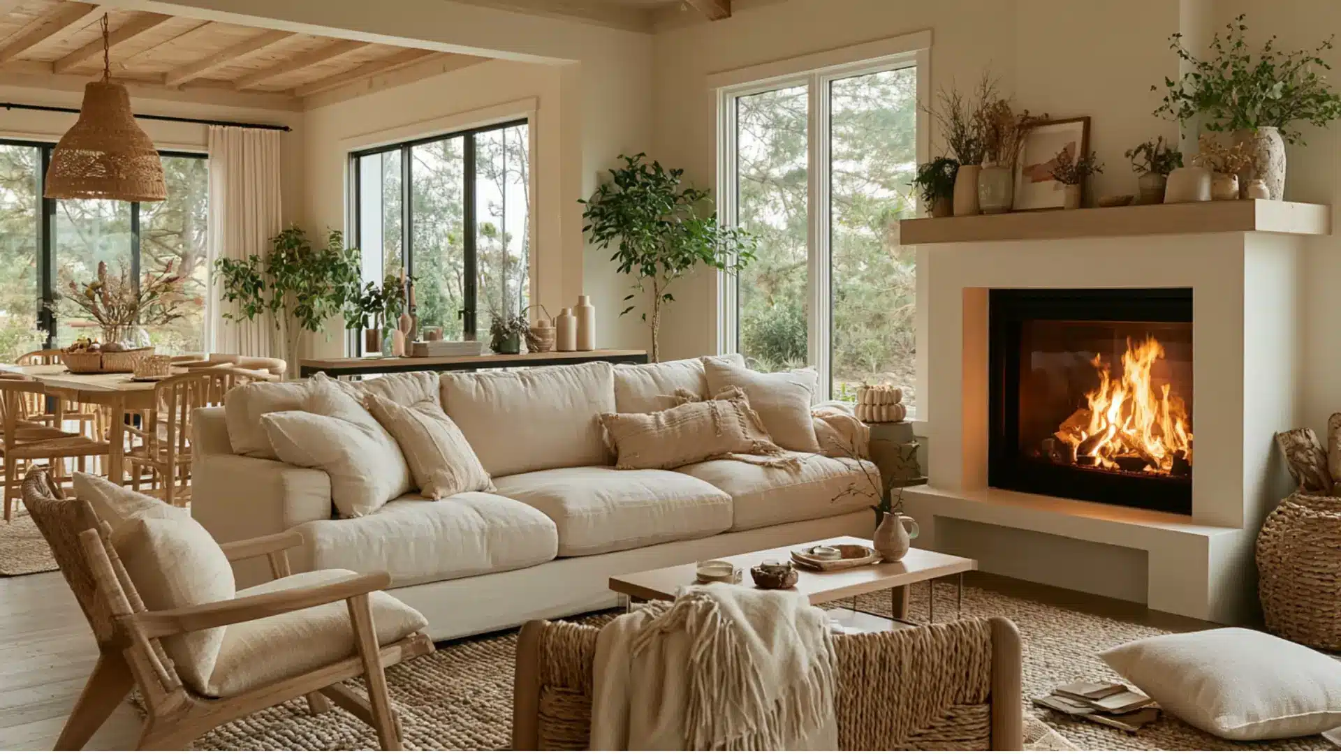 Bright, sunlit living room featuring neutral-toned furniture, a large beige sofa, a glowing fireplace, and potted plants with large windows showing outdoor greenery.