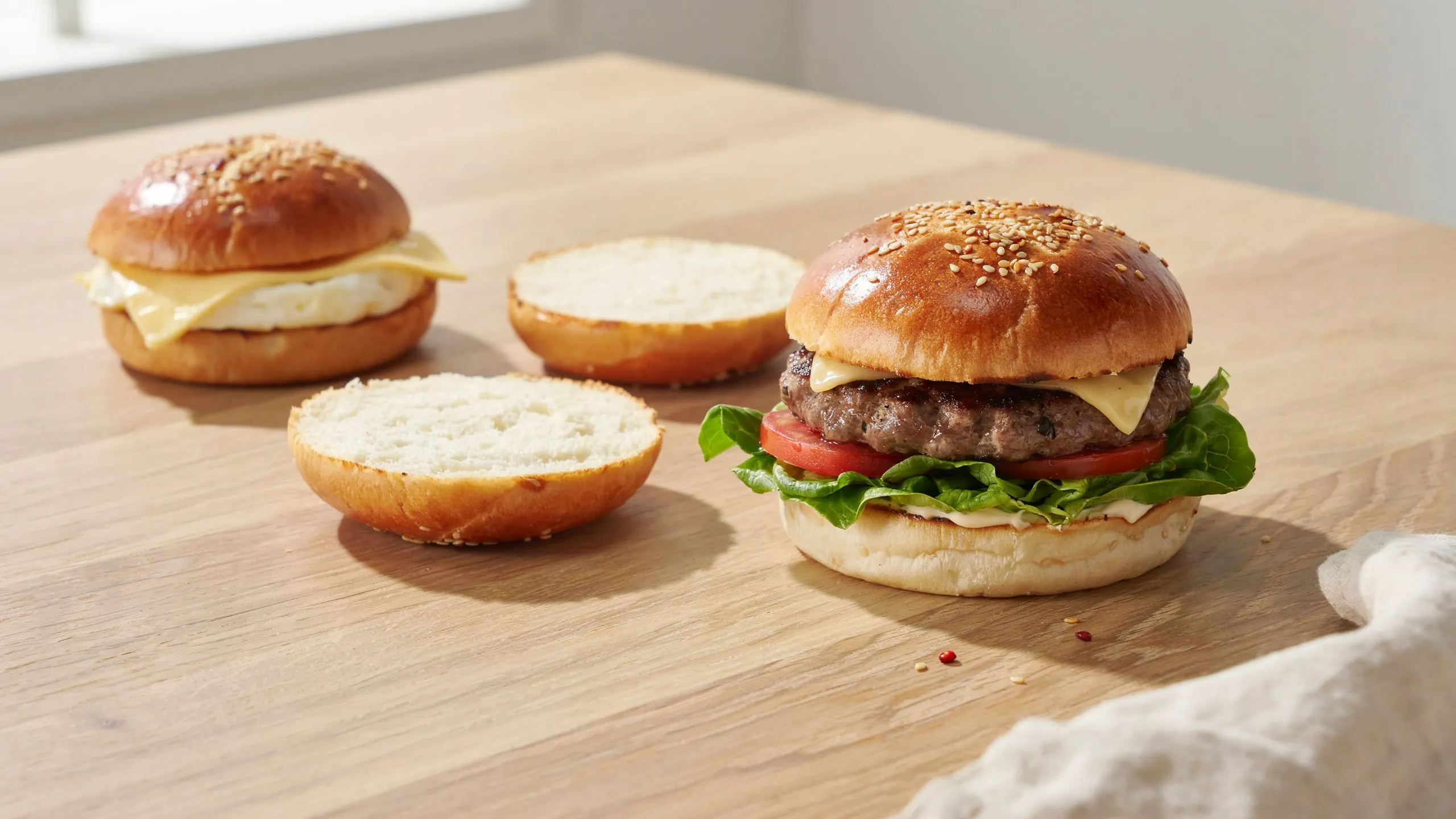 brioche burger with lettuce tomato and cheese beside sliced buns and an egg sandwich on a wooden table