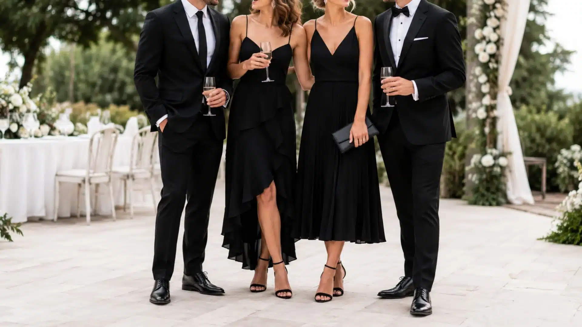 Two couples dressed in formal black attire pose outside with champagne glasses at a wedding reception