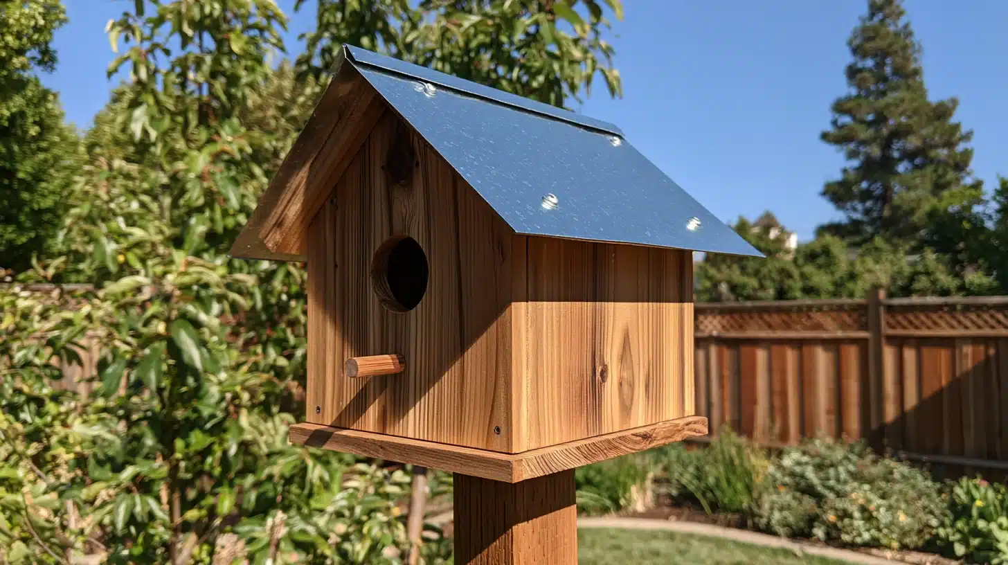 Cedar birdhouse mounted on a wooden post with a shiny metal pitched roof in a sunny backyard garden.