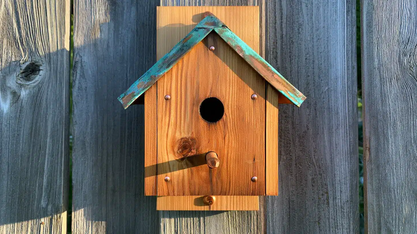 Cedar birdhouse mounted to a weathered fence with an aged copper pitched roof and round entrance hole.
