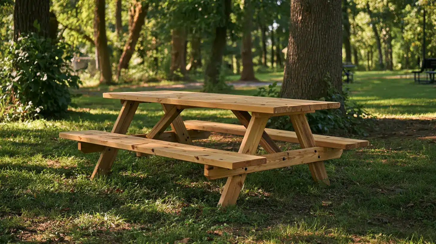 Classic wooden picnic table with attached benches placed on a grassy lawn in a shaded park
