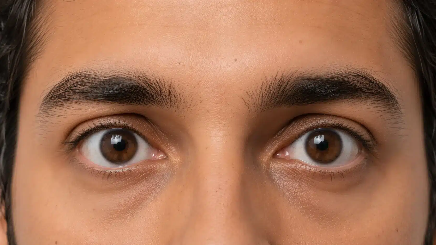 Close-up of a man's face highlighting his brown eyes with a prominent protruding shape.