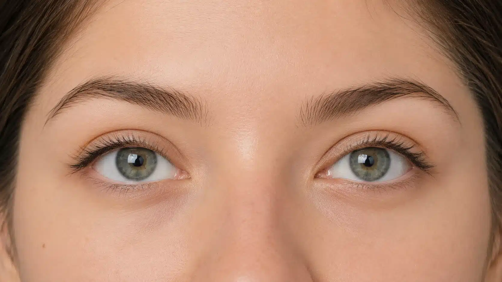 Close-up of a woman's eyes showcasing an upturned eye shape, highlighting her eyelashes and eyelids.